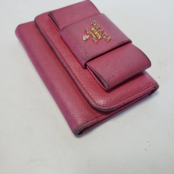 PRADA Leather Logo Wallet Small Pink Saffiano Compact Key Case Hooks Holder Bow - Picture 11 of 12